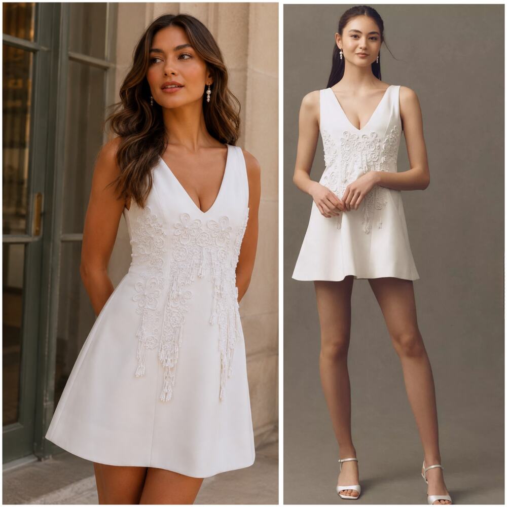Cynthia Rowley Paloma White Beaded Floral Mini Dress Bridal Wedding